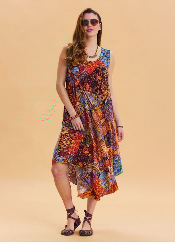 Boat Neck Loose Cut Orange Casual Dress 4665